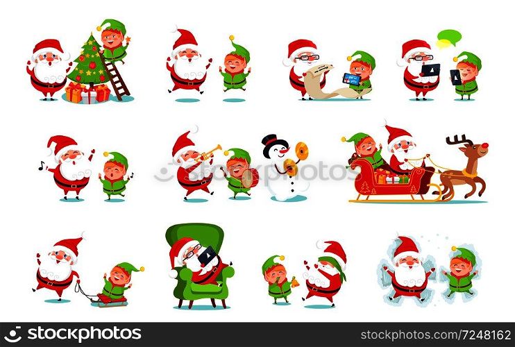 Santa Claus activities collection, winter character with elf and snowman with reindeer doing job, read list of wish, deliver gifts vector illustration. Santa Claus Activities Set Vector Illustration