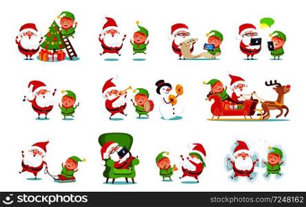 Santa Claus activities collection, winter character with elf and snowman with reindeer doing job, read list of wish, deliver gifts vector illustration. Santa Claus Activities Set Vector Illustration