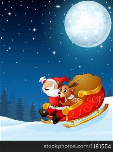 Santa claus and a reindeer riding his sleigh and carry huge sack in the night background