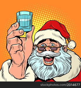 Santa Claus and a shot of vodka. Holiday party Christmas and New Year, winter seasonal holiday in December. Pop art Retro vector Illustration 50s 60s Vintage kitsch style. Santa Claus and a shot of vodka. Holiday party Christmas and New Year, winter seasonal holiday in December