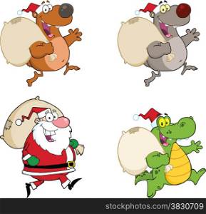 Santa Claus And Animals Running With Bag. Collection Set