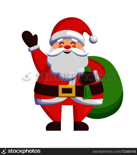 Santa Claus and bag with gifts icon isolated on white background. Vector illustration with St. Nicholas holding huge green bag full of Christmas presents. Santa Claus and Bag with Gifts Vector Illustration