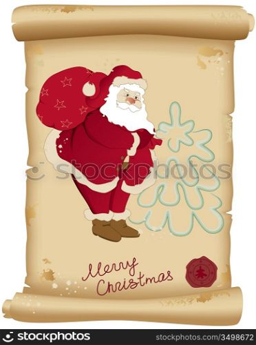 Santa Claus and bag with gifts on the old scroll of paper