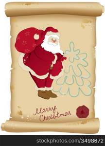 Santa Claus and bag with gifts on the old scroll of paper