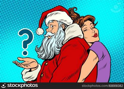 Santa Claus and beautiful woman, a surprise Christmas gift. New year and Christmas. Pop art retro vector illustration. Santa Claus and beautiful woman, a surprise Christmas gift