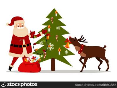 Santa Claus and big reindeer decorate fir tree, prepare present for children vector illustration. Fir tree is decorated by garlands, snowflakes, tasty candies and artificial candles from big red bag. Santa Claus and Big Reindeer Decorate Fir Tree