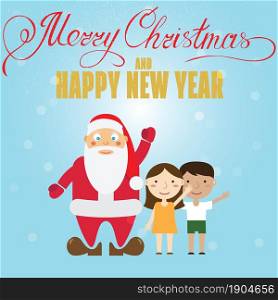 Santa Claus and children. Christmas greeting card. Vector illustration.