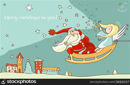 Santa Claus and christmas angel in sleigh. New year postcard