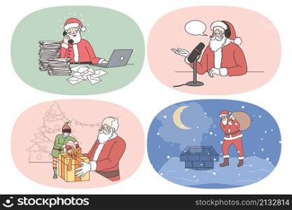 Santa Claus and Christmas concept. Set of Santa wearing traditional red costume and hat congratulating online making online presentation packing presents delivering gifts vector illustration. Santa Claus and Christmas concept.