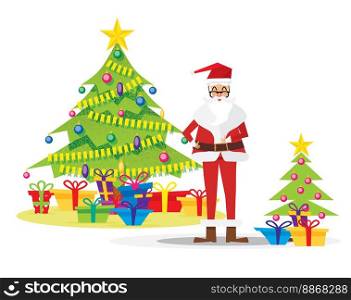 Santa Claus and Christmas Tree Isolated on White with Gift Boxes, Star, Balls and Garlands. Vector Illustration.