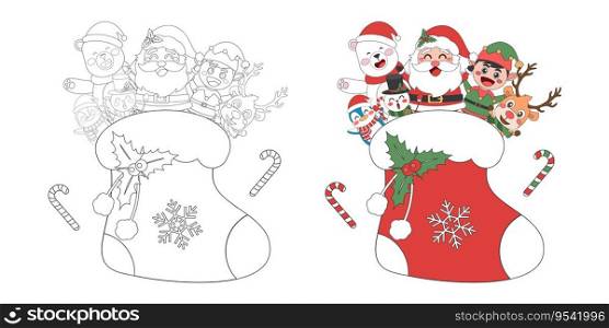 Santa Claus and cute Christmas characters with Christmas sock, Christmas theme line art doodle cartoon illustration, Coloring book for kids, Merry Christmas.