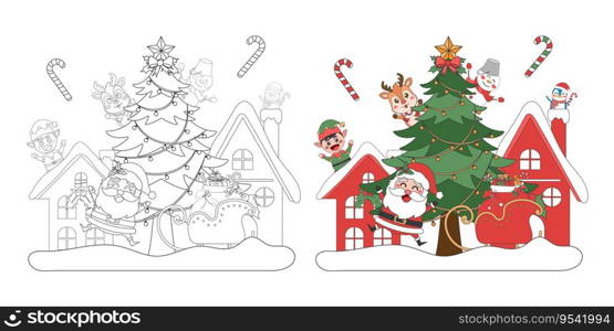 Santa Claus and cute Christmas characters with Christmas tree in snow village, Christmas theme line art doodle cartoon illustration, Coloring book for kids, Merry Christmas.