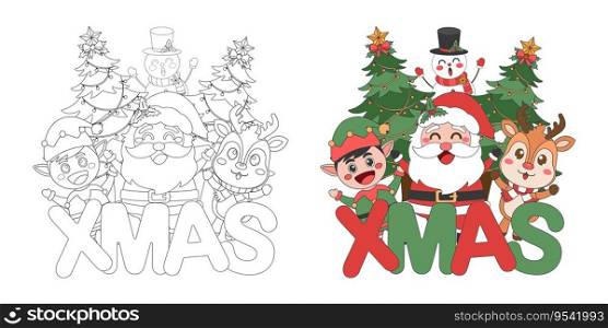 Santa Claus and cute Christmas characters with XMASαbet, Christmas theme li≠art dood≤cartoon illustration, Coloring book for kids, Merry Christmas.