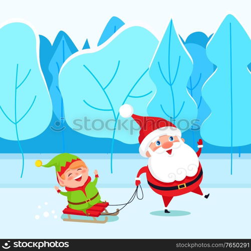 Santa Claus and elf cartoon character on sleigh walking in winter park. Christmas holiday card with funny winter fairy heroes going near snowy fir-trees. Festive card with Xmas kids in forest vector. Fairy Characters Santa and Elf in Forest Vector