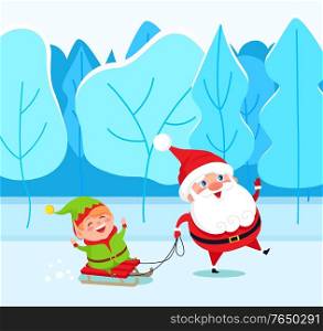 Santa Claus and elf cartoon character on sleigh walking in winter park. Christmas holiday card with funny winter fairy heroes going near snowy fir-trees. Festive card with Xmas kids in forest vector. Fairy Characters Santa and Elf in Forest Vector