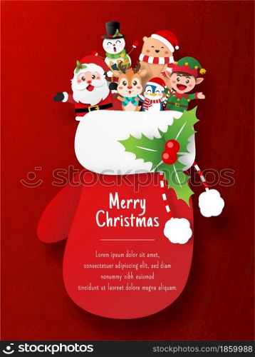 Santa Claus and friends in Christmas glove postcard