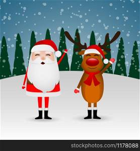 Santa Claus and funny reindeer in a winter forest on a hill wave their hand and greet. Santa Claus and funny reindeer in a winter forest on a hill wave their hand