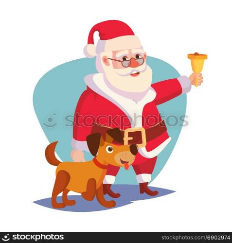 Santa Claus And Happy Dog Vector. Ringing Gold Bell And Smiling. 2018 Year Of The Dog Concept. Cartoon Santa Character Illustration. Santa Claus And Happy Dog Vector. Ringing Gold Bell And Smiling. 2018 Year Of The Dog Concept. Cartoon Santa Character