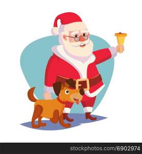 Santa Claus And Happy Dog Vector. Ringing Gold Bell And Smiling. 2018 Year Of The Dog Concept. Cartoon Santa Character Illustration. Santa Claus And Happy Dog Vector. Ringing Gold Bell And Smiling. 2018 Year Of The Dog Concept. Cartoon Santa Character