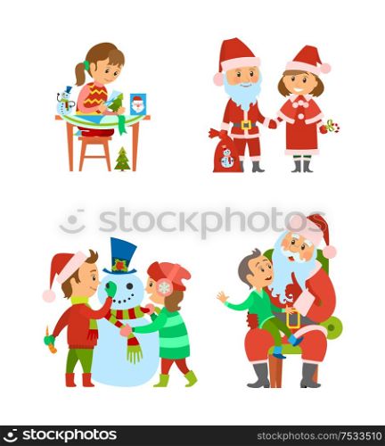 Santa Claus and helper, children on winter holidays vector. Christmas characters with presents in sack, girl making handicraft gifts. Boy telling wish. Santa Claus and Helper Children on Winter Holidays