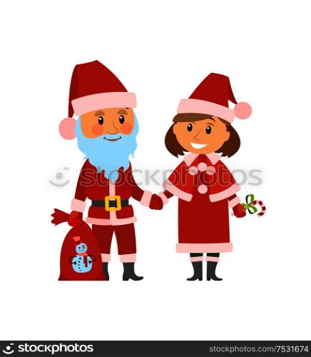 Santa Claus and helper in traditional costumes vector. Christmas winter holidays characters with bag full of presents to kids. Sack with snowman print. Santa Claus and Helper in Traditional Costumes