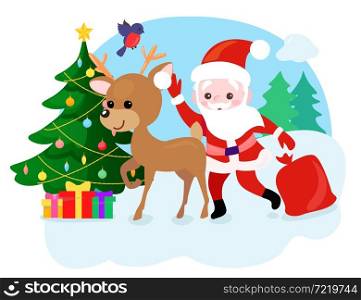 Santa Claus and his deer, Christmas greeting card. Flat design, all the images are isolated. Cute New Year fairy tale scene. Vector.