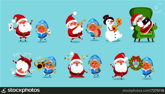 Santa Claus and his friends having fun set of icons isolated on blue background. Vector illustration with snowman, Snow Maiden and Santa having fun. Santa Claus and His Friends Having Fun Icons