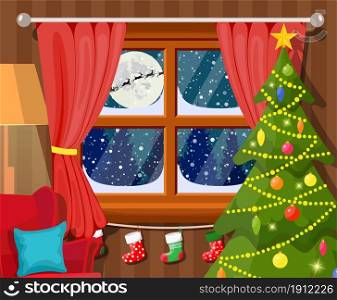 Santa claus and his reindeer in window. Interior of room with christmas tree. Happy new year decoration. Merry christmas holiday. New year and xmas celebration. Vector illustration flat style. Santa claus and his reindeer in window.