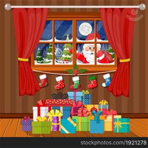Santa claus and his reindeer looks in living room window. Interior of room with gifts. Happy new year decoration. Merry christmas holiday. New year and xmas celebration. Vector illustration flat style .. Santa claus and his reindeer looks in room window.