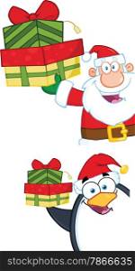 Santa Claus And Penguin Holding Up A Stack Of Gifts. Collection Set