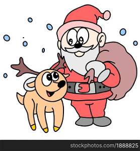 Santa Claus and reindeer are leaving to distribute gifts. cartoon illustration sticker mascot emoticon