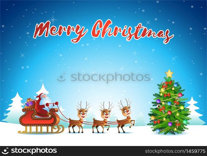 santa claus and reindeer begin to fly to send gift at xmas night,vector illustration