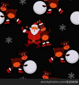 Santa Claus and reindeer having fun winter holidays celebration vector seamless pattern of character taking pictures on mobile phone cell phone of Father Frost deer with snowball laughing with man.. Santa Claus and reindeer having fun winter holidays celebration