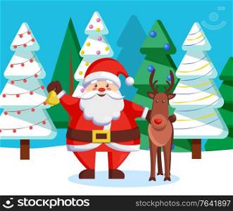 Santa Claus and reindeer in winter landscape. Deer and Saint Nicholas with bell and bow. Forest of pine trees decorated with garlands and baubles. Christmas and winter holidays celebration vector. Winter Holidays Characters Santa and Reindeer