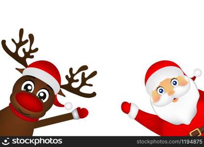 Santa Claus and reindeer peeking on the side on a white background. Santa Claus and reindeer