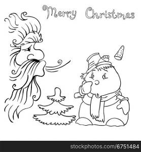 Santa Claus and snowman blows on