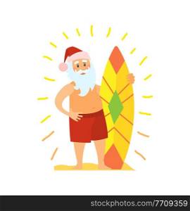 Santa Claus and surfing board, Christmas character on summer rest. Vector Saint Nicholas surfer in tropical country, man in hat and beard, vector. Santa Claus and Surfing Board, Christmas Character
