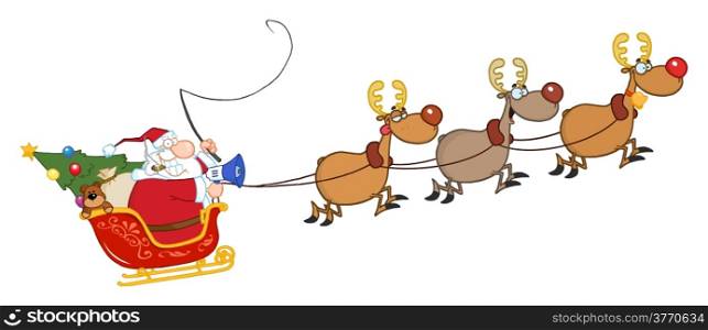 Santa Claus And Team Of Reindeer In His Sleigh Flying