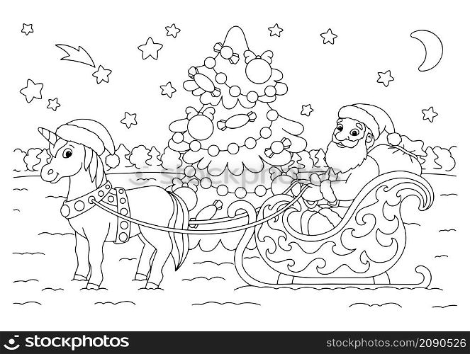 Santa Claus and the unicorn are carrying gifts on a Christmas sleigh. Coloring book page for kids. Cartoon style character. Vector illustration isolated on white background.