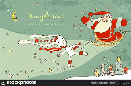 Santa Claus and white hare. Christmas Card