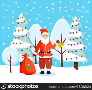 Santa Claus and winter landscape. Saint nicholas ringing bell standing by sack with presents. Landscape with pine trees decorated with baubles and garlands for christmas holiday celebration vector. Christmas Holidays Santa with Bell and Presents