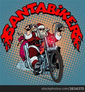 Santa Claus biker motorcycle Christmas gifts pop art retro style. Santa Claus biker motorcycle Christmas gifts