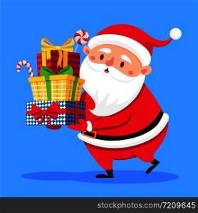Santa Claus carry gifts stack. Christmas gift box carrying in hands. Heavy stacked winter holidays presents giving, xmas noel greeting card flat vector cartoon illustration. Santa Claus carry gifts stack. Christmas gift box carrying in hands. Heavy stacked winter holidays presents vector cartoon illustration