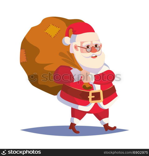Santa Claus Carrying Big Sack With Gifts Vector. Classic Santa In Red Suit. Good For Flyer, Card, Poster, Decoration, Advertising Design. Flat Cute Cartoon Illustration. Santa Claus Carrying Big Sack With Gifts Vector. Classic Santa In Red Suit. Good For Flyer, Card, Poster, Decoration, Advertising Design. Flat Cute Cartoon