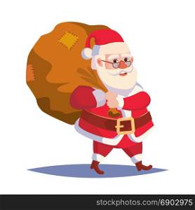 Santa Claus Carrying Big Sack With Gifts Vector. Classic Santa In Red Suit. Good For Flyer, Card, Poster, Decoration, Advertising Design. Flat Cute Cartoon Illustration. Santa Claus Carrying Big Sack With Gifts Vector. Classic Santa In Red Suit. Good For Flyer, Card, Poster, Decoration, Advertising Design. Flat Cute Cartoon