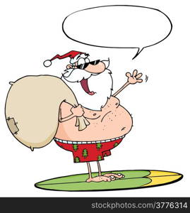 Santa Claus Carrying His Sack While Surfing With Speech Bubble