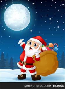 Santa Claus carrying sack full of gifts in the winter night background