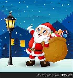 Santa claus carrying sack full of gifts with snowfall falling at night background
