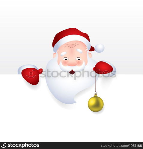 Santa Claus cartoon character emotion cheerful with christmas ball showing a blank sign, web header page. Vector illustration. Vector illustration of Santa Claus cartoon character emotion cheerful with christmas ball for a blank sign, web header page.