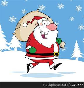 Santa Claus Cartoon Character Running With Bag